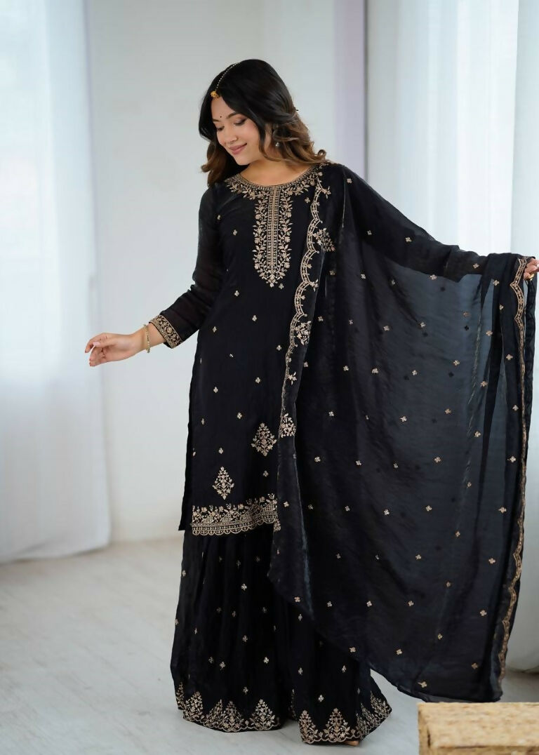 Teeya Creation Black Color Crunchy Silk Embroidery Work Wedding Wear Salwar Suit | Grocsy