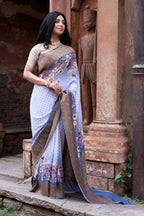 Joban Fashion Dusty Blue Crepe Chiffon Pure Handloom Banarasi Silk Saree | Grocsy
