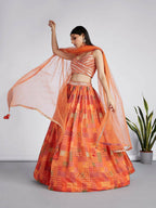House of Panchhi Orange colour Organza Treditional design digital print Semi-Stitched Lehenga choli & Dupatta | Grocsy