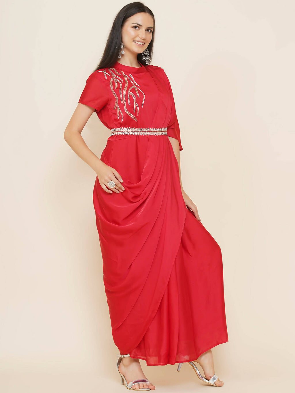 Women Republic Red Hand Embelleshed Gown With Drape | Grocsy