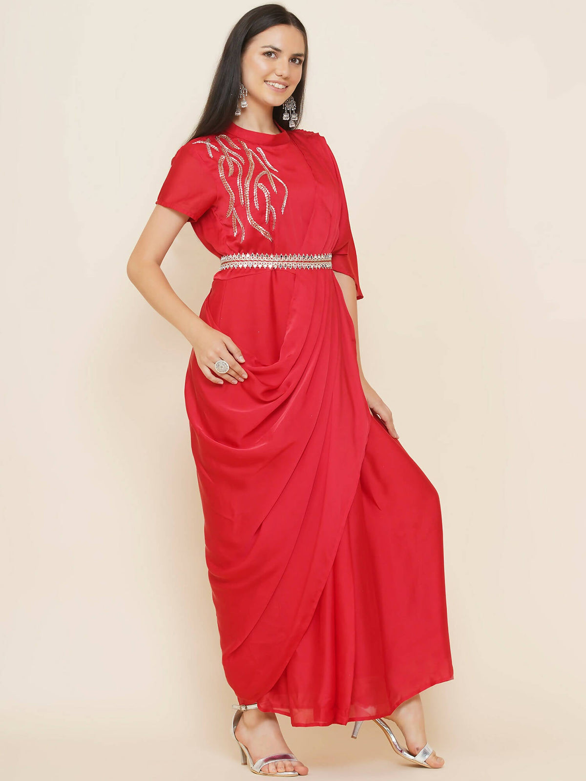 Women Republic Red Hand Embelleshed Gown With Drape | Grocsy
