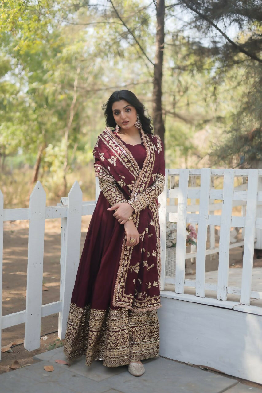 Vastranavya Premium Vichitra Shimmer with Rich Sequins Embroidered work Gown & Dupatta - Dark Maroon | Grocsy
