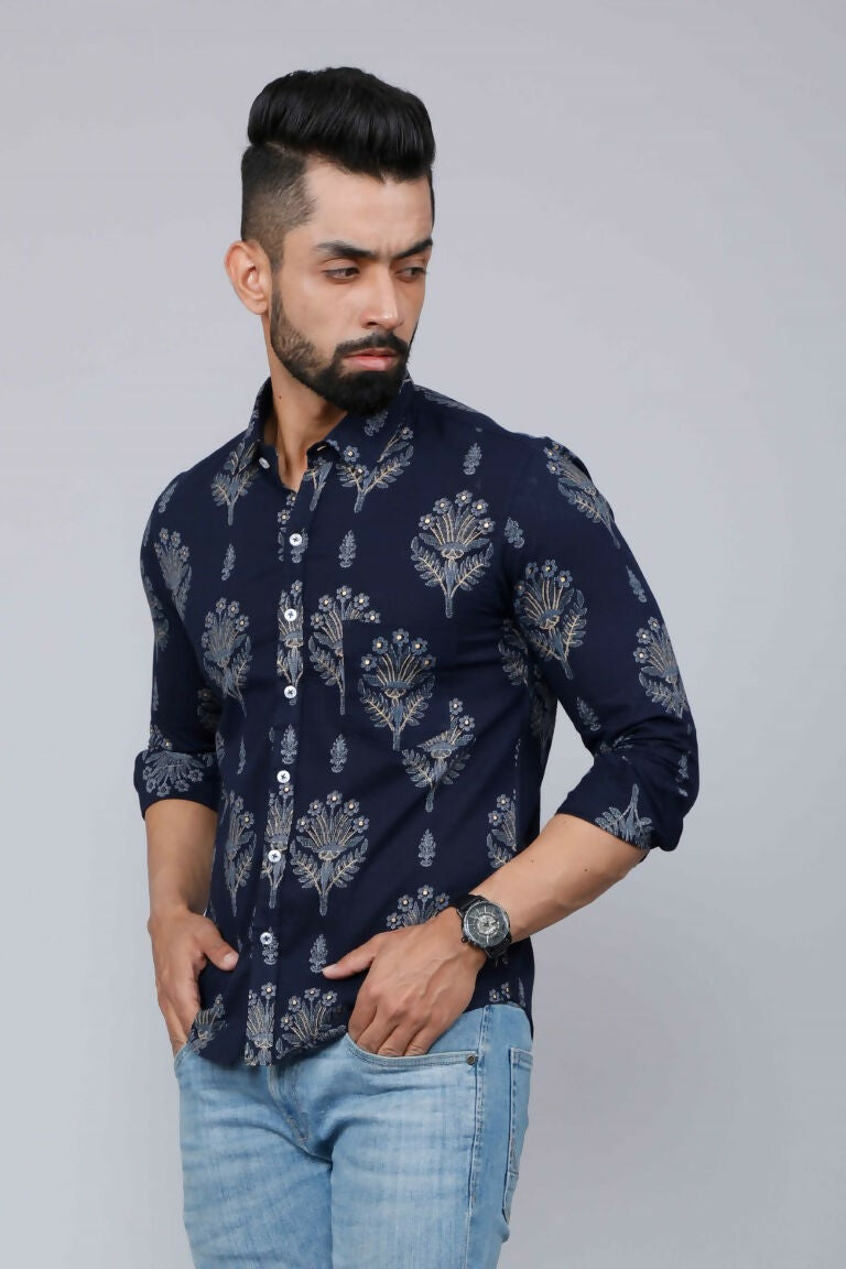 Miravan Men's Blue Spread Collar Floral Print Shirt | Grocsy