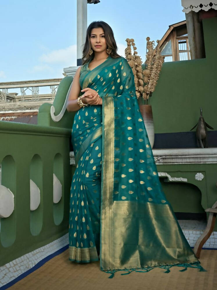 Delightful Designer Turquoise Color Organza Silk Saree With Weaving Work - Yomika Fashions | Grocsy