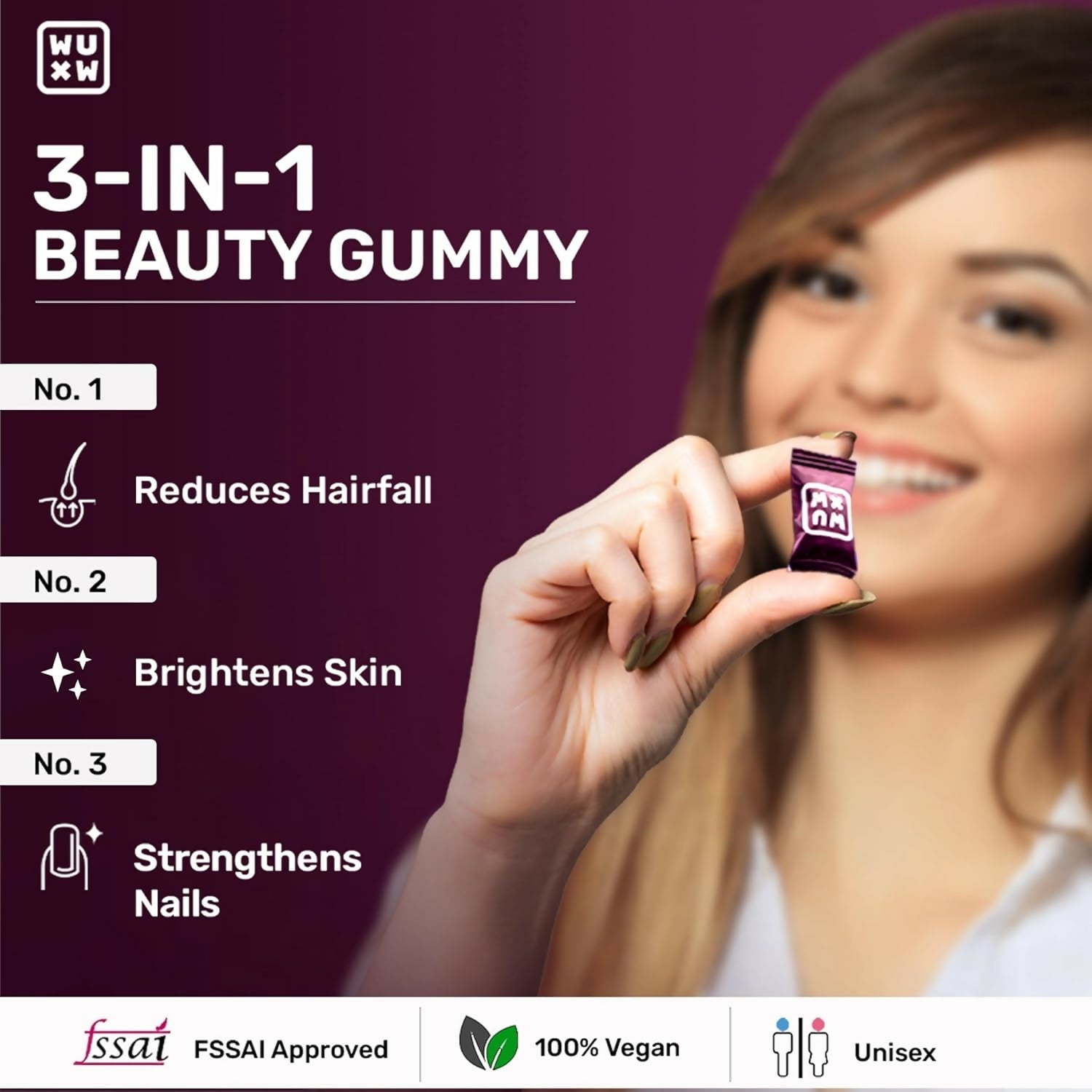 What's Up Wellness Beauty Gummies With Biotin, Zinc, Folic Acid For Hair, Skin & Nails | Grocsy