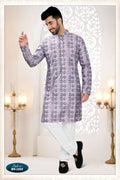Joban Fashion Men's Purple Straight Silk Thread Embroidery All Over Kurta Set | Grocsy