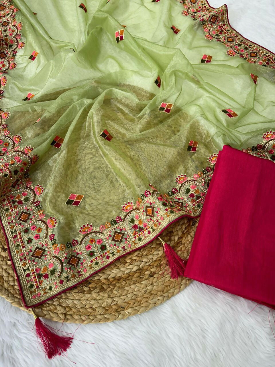 Vastranavya Twill Net Designer Embroidery & Colour Thread & Diamond work Saree with Blouse Material - Mint Green | Grocsy