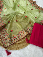 Vastranavya Twill Net Designer Embroidery & Colour Thread & Diamond work Saree with Blouse Material - Mint Green | Grocsy