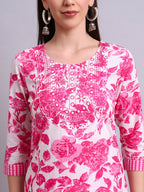 Joban Fashion Pink Cotton Floral Printed & Embroidery Work Kurta With Trousers & Dupatta Set | Grocsy