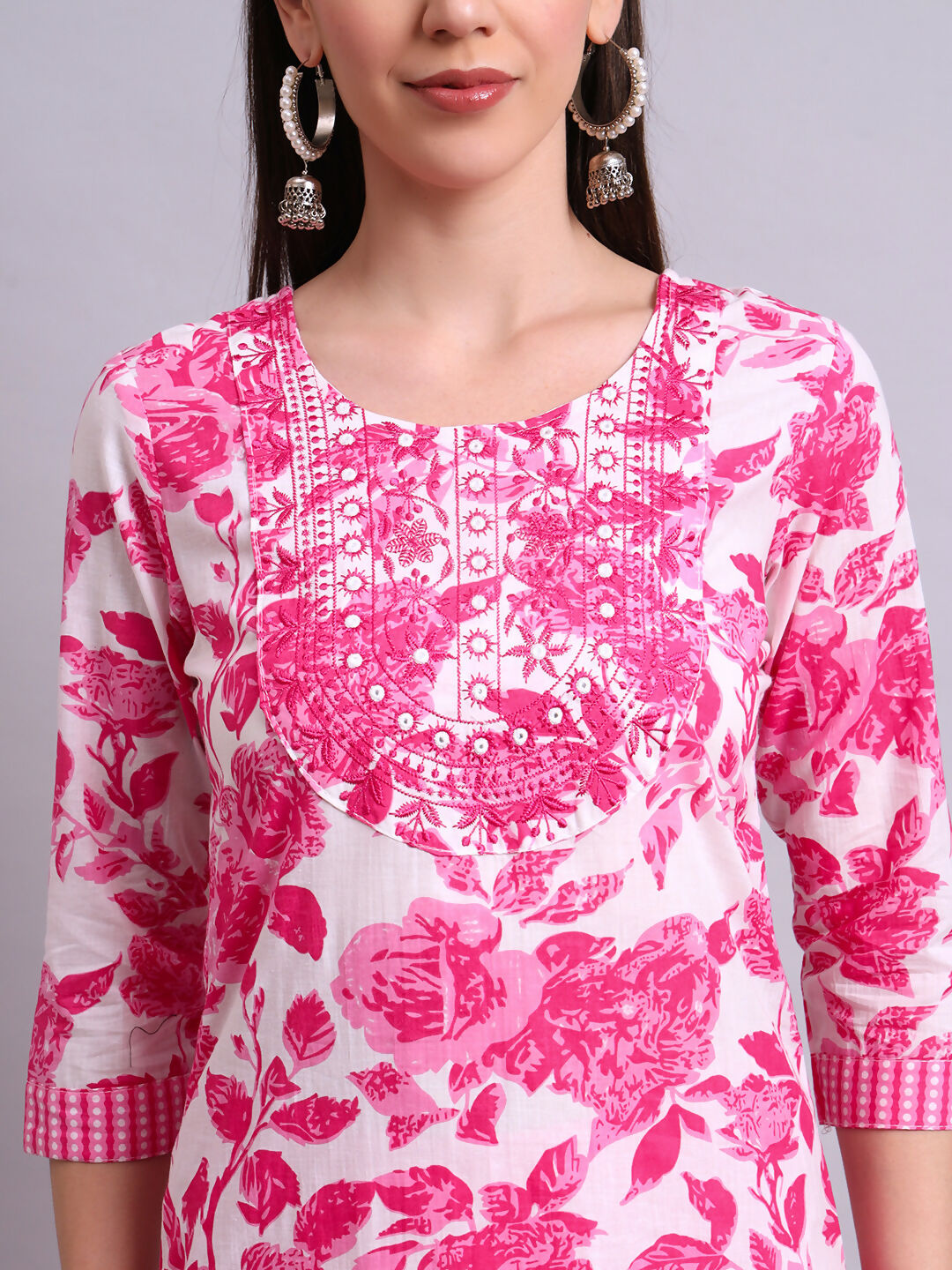 Joban Fashion Pink Cotton Floral Printed & Embroidery Work Kurta With Trousers & Dupatta Set | Grocsy