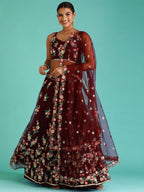 House of Panchhi Burgundy Net Sequinse Work Lehenga & Blouse, Dupatta | Grocsy