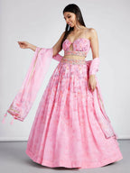 House of Panchhi Coral colour Organza Floral design digital print Semi-Stitched Lehenga choli & Dupatta | Grocsy