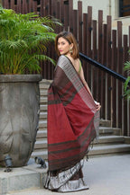 Beatitude Brown Cotton Jacquard Border Tangail Handloom Saree | Grocsy