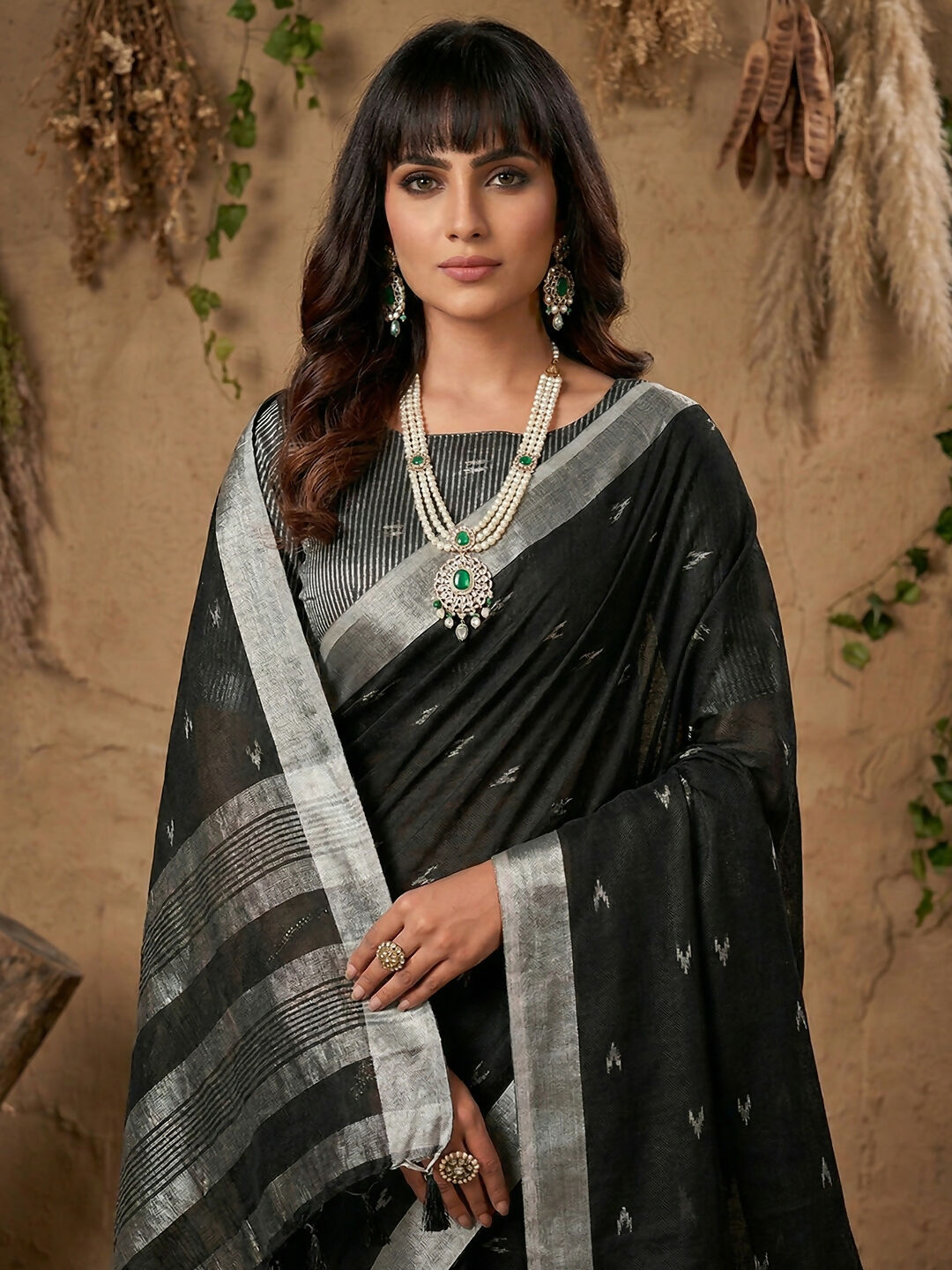 Shree Shyam Fashion Black Linen Cotton Saree | Grocsy