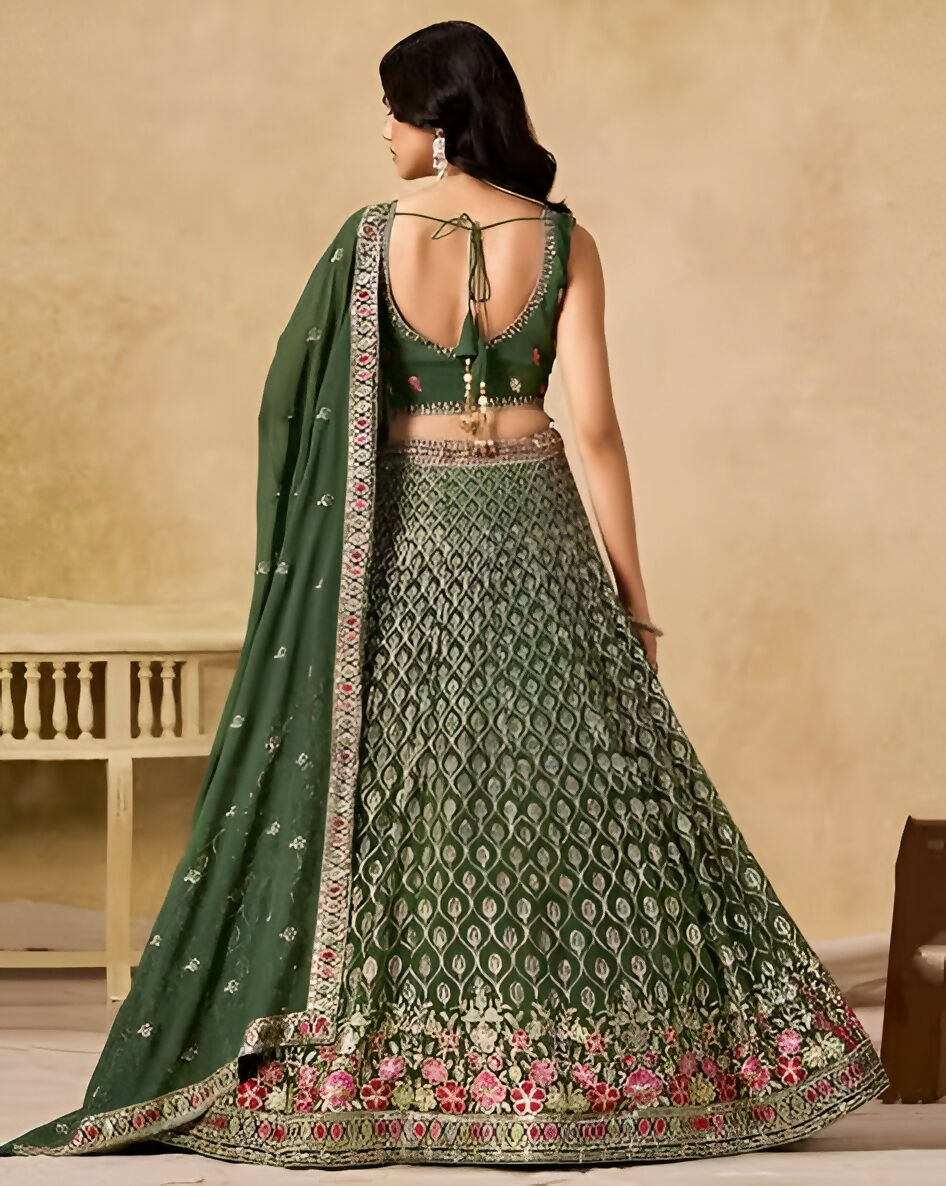 Women’s Semi-Stitched Green Georgette Zari Sequence Thread Embroidery Work Lehenga Choli With Georgette Dupatta-Jihu Culture | Grocsy