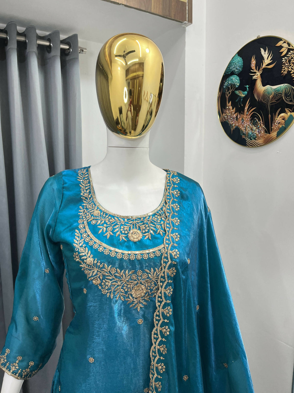 Teeya Creation Teal Color Fendy Satin Silk Heavy Embroidery Work Sharara Suit | Grocsy