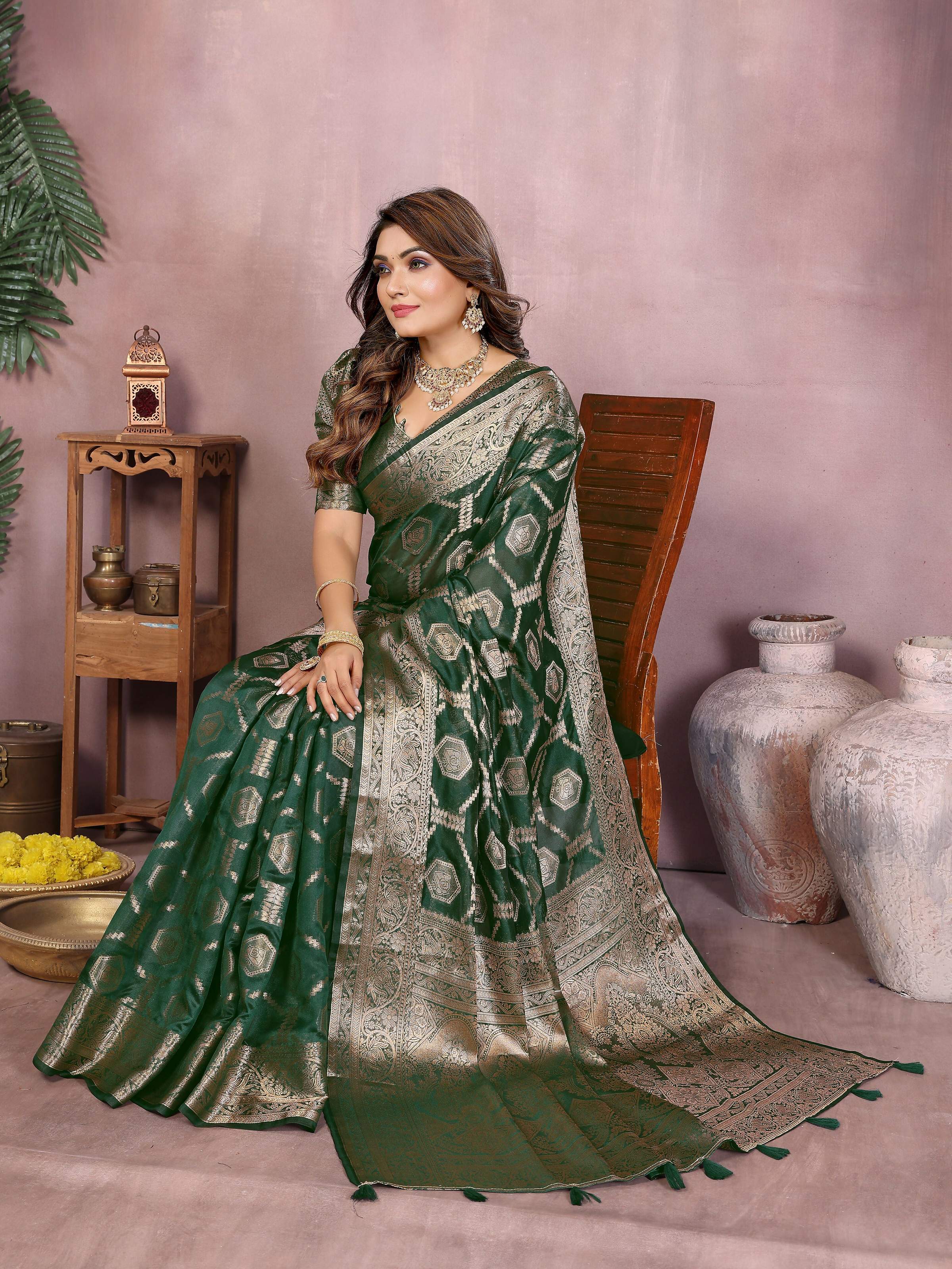 Aastha Fashion Green Soft Organza Silk Weaving Saree | Grocsy