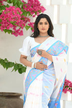 Beatitude White Slub Cotton Floral Jamdani Saree | Grocsy