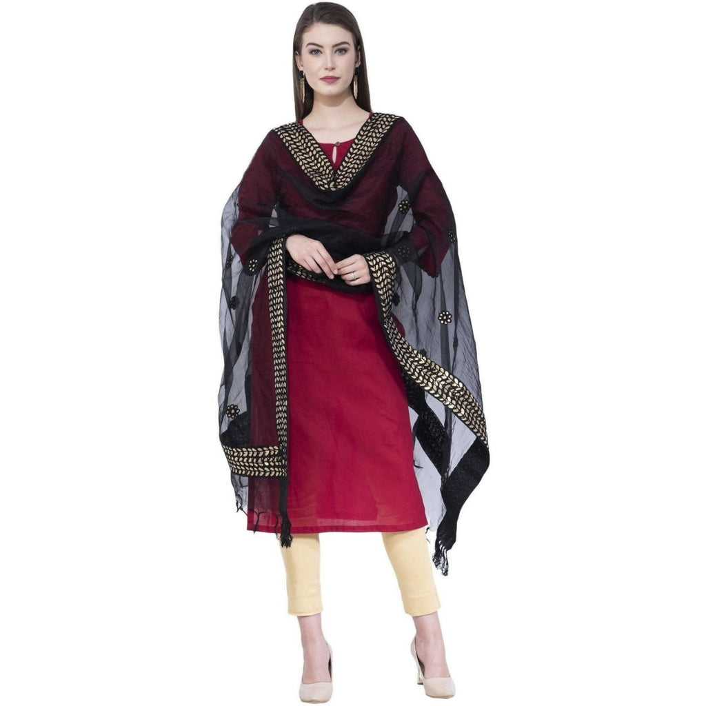 A R Silk Women's Gotta Patti Embroidery Orgenza Cotton Black Dupattas and Chunnis | Grocsy