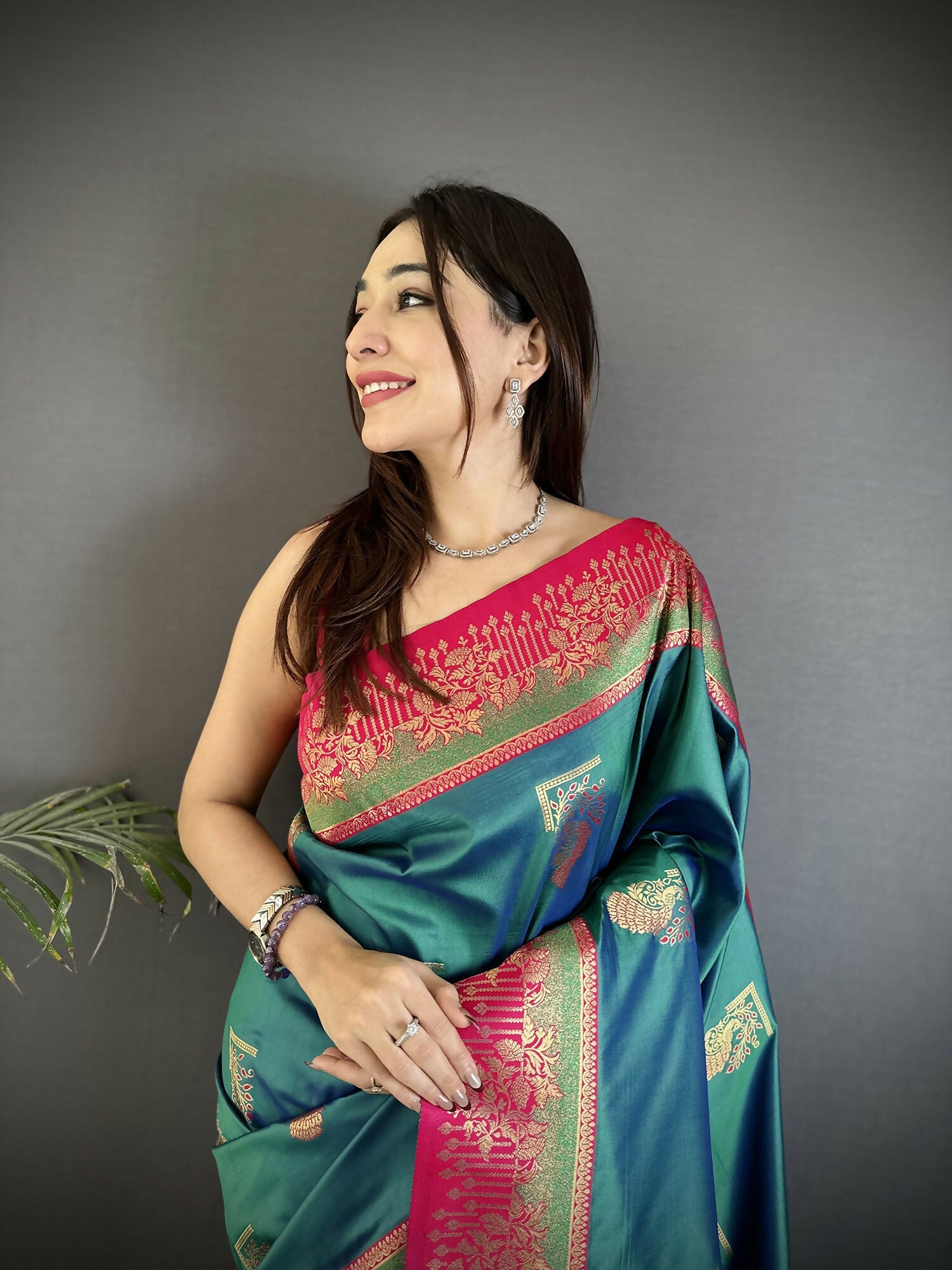 Joban Fashion Teal Banarasi Soft Silk Peacock Butta Work Saree | Grocsy