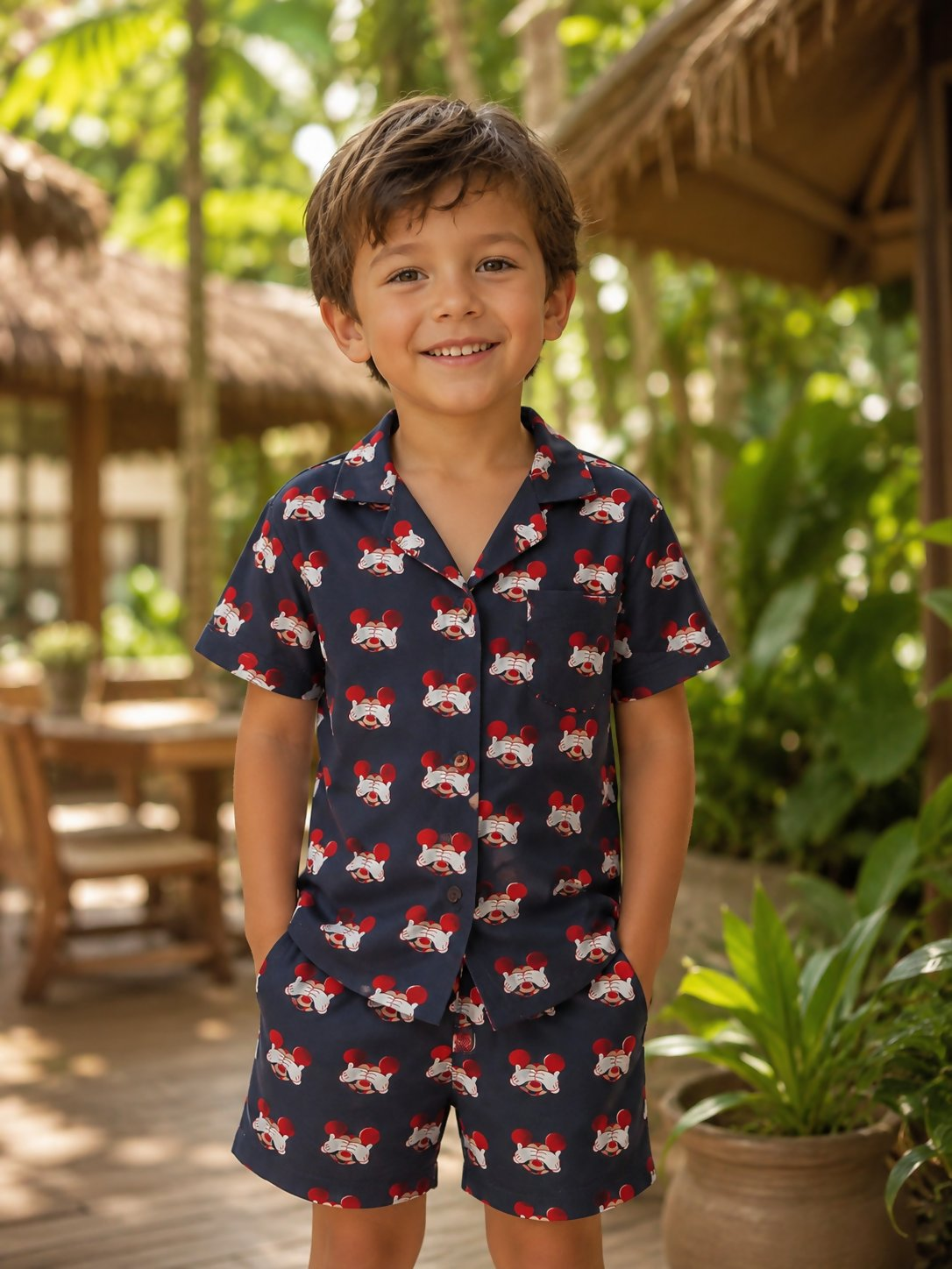 Breathables Woven Cotton Half Sleeves Mickey Mouse Shirt & Shorts Black | Grocsy