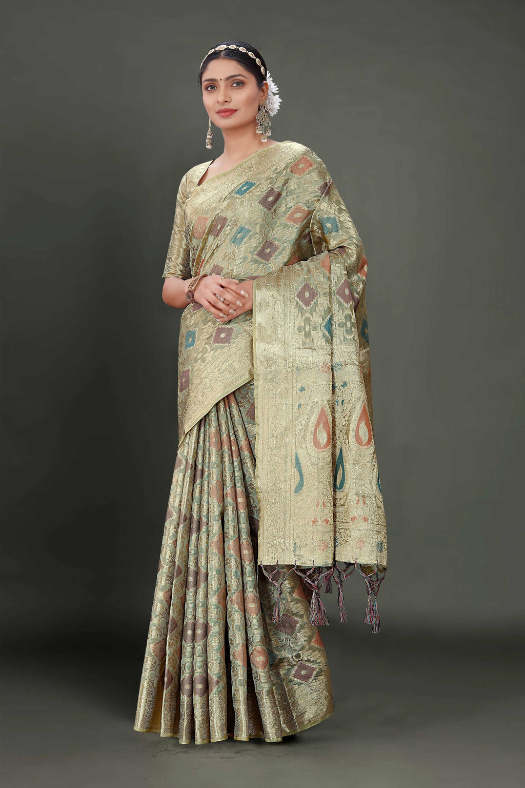 Grey Soft Organza Woven Design Saree With Unstitched Blouse Piece - Zaara | Grocsy