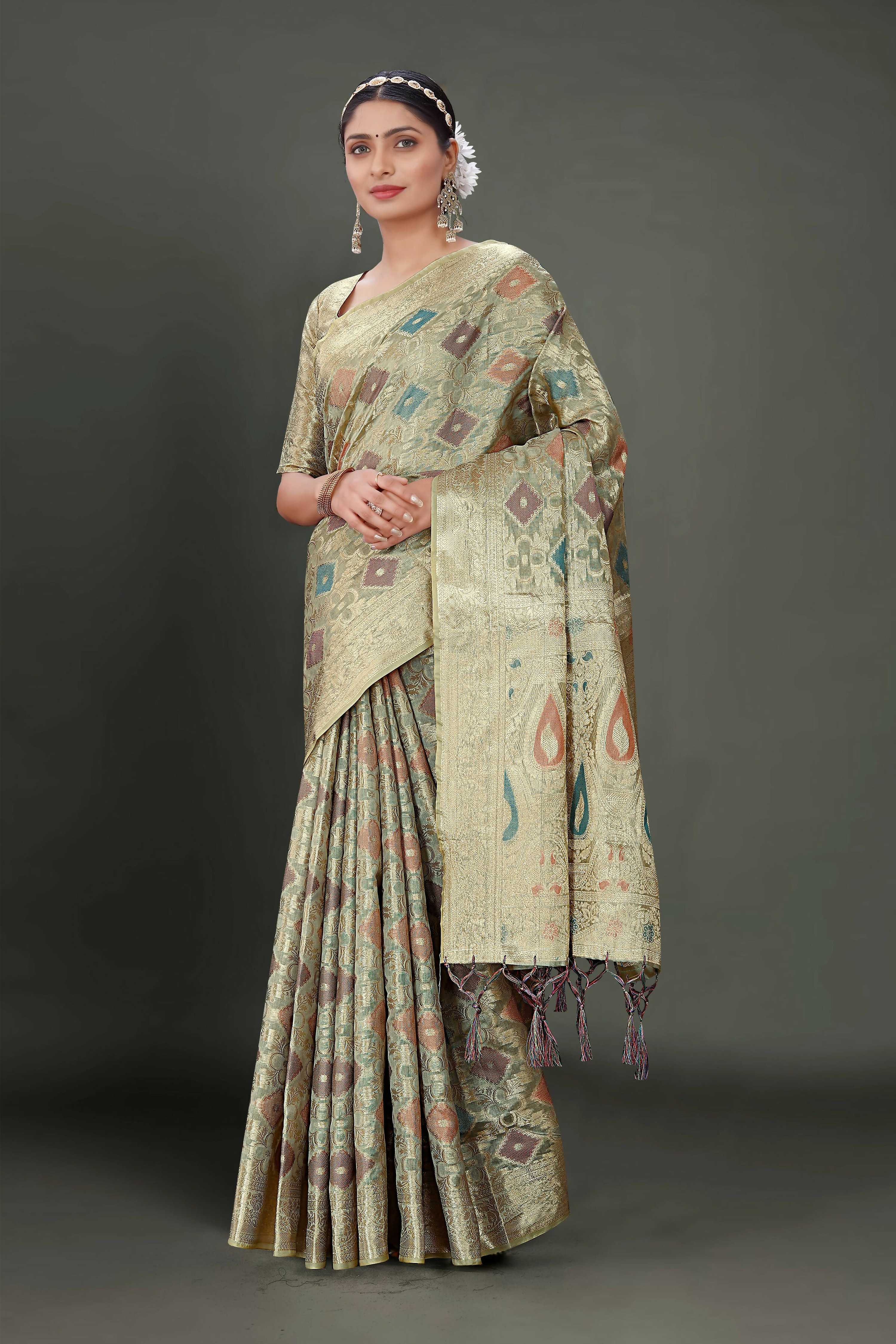 Grey Soft Organza Woven Design Saree With Unstitched Blouse Piece - Zaara | Grocsy