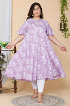 Miravan Women's Plus Size Lavender Floral Flared Sleeves Anarkali Kurta | Grocsy