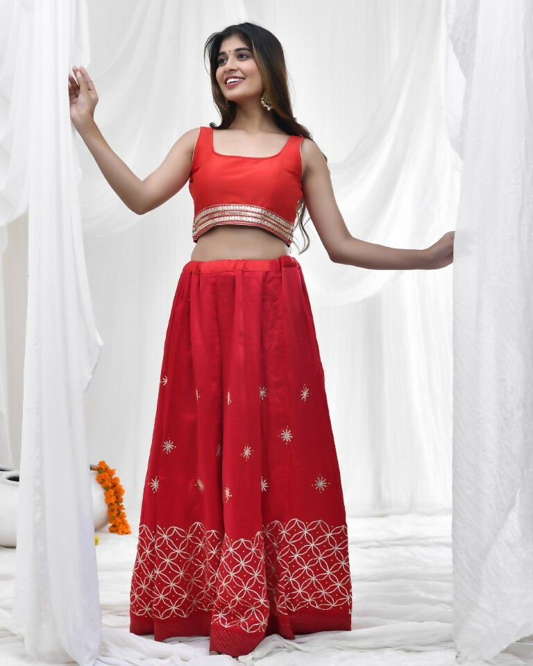 Amodini Designer Studio Red Blouse with Embellished Waistband | Grocsy
