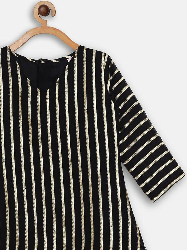 Ahalyaa Black Georgette Stripped Gold Printed Kids Kurta Pant Set For Girls | Grocsy