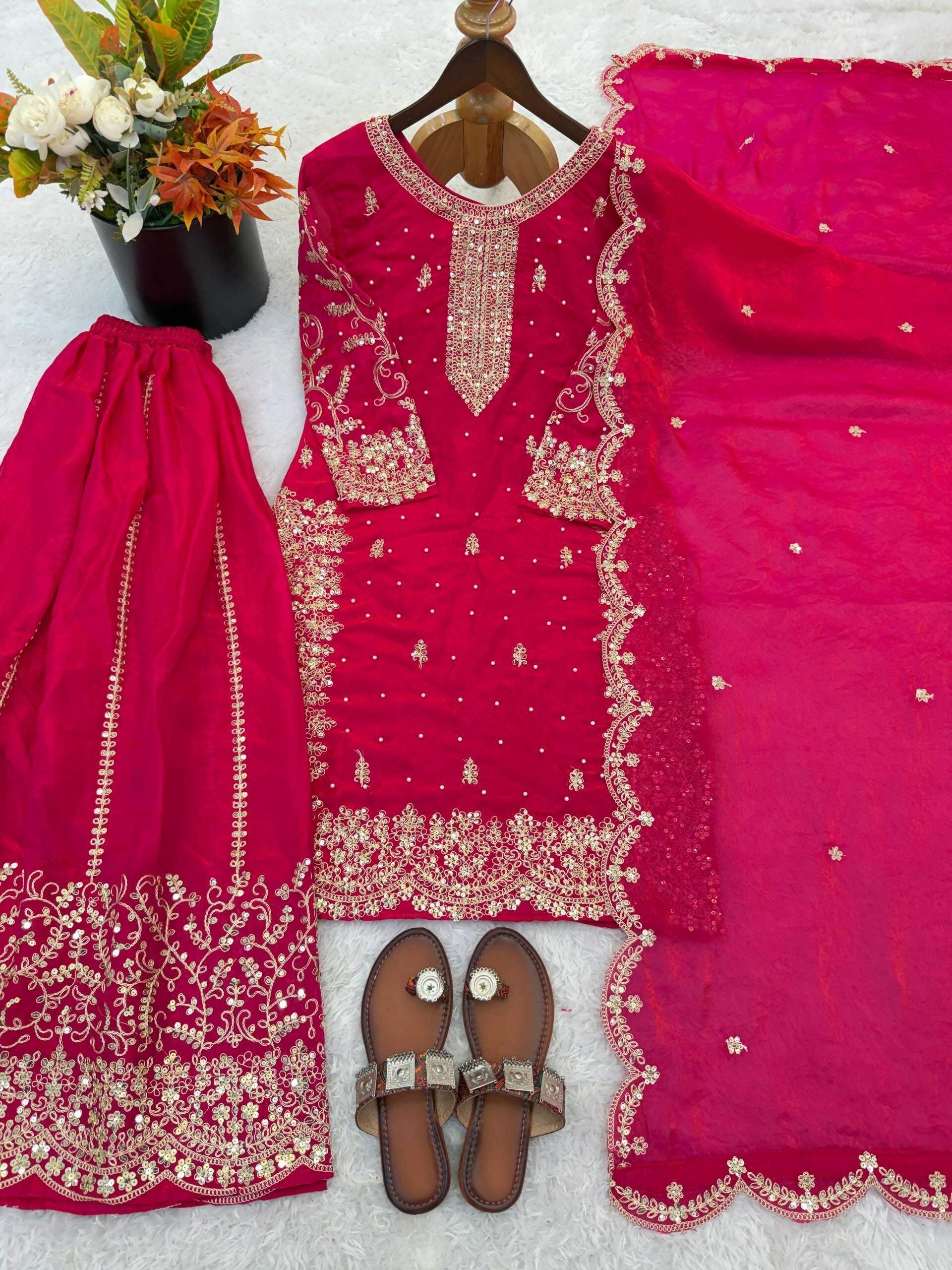 Teeya Creation Rani Color Fendy Silk Embroidery Work Wedding Wear Salwar Suit | Grocsy