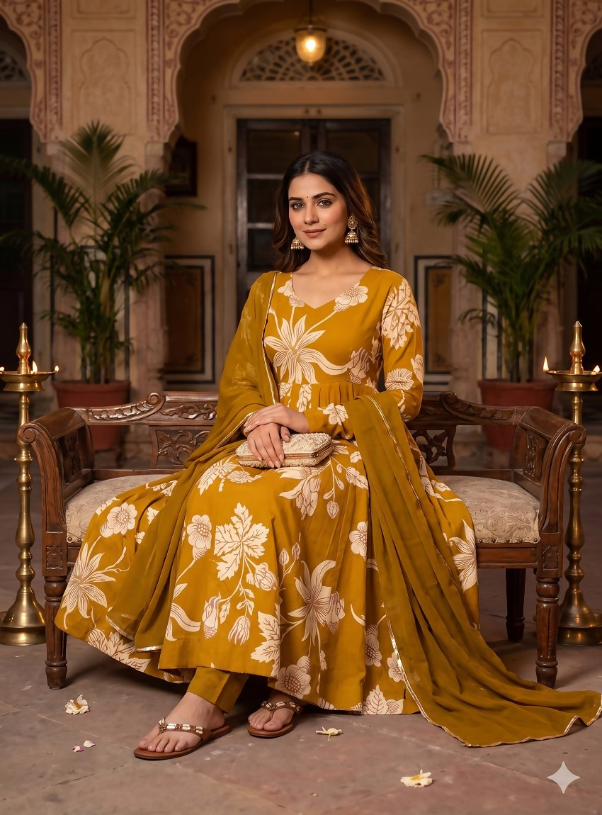 Teeya Creation Mustard Yellow Floral Printed Anarkali Kurta With Pant And Dupatta | Grocsy