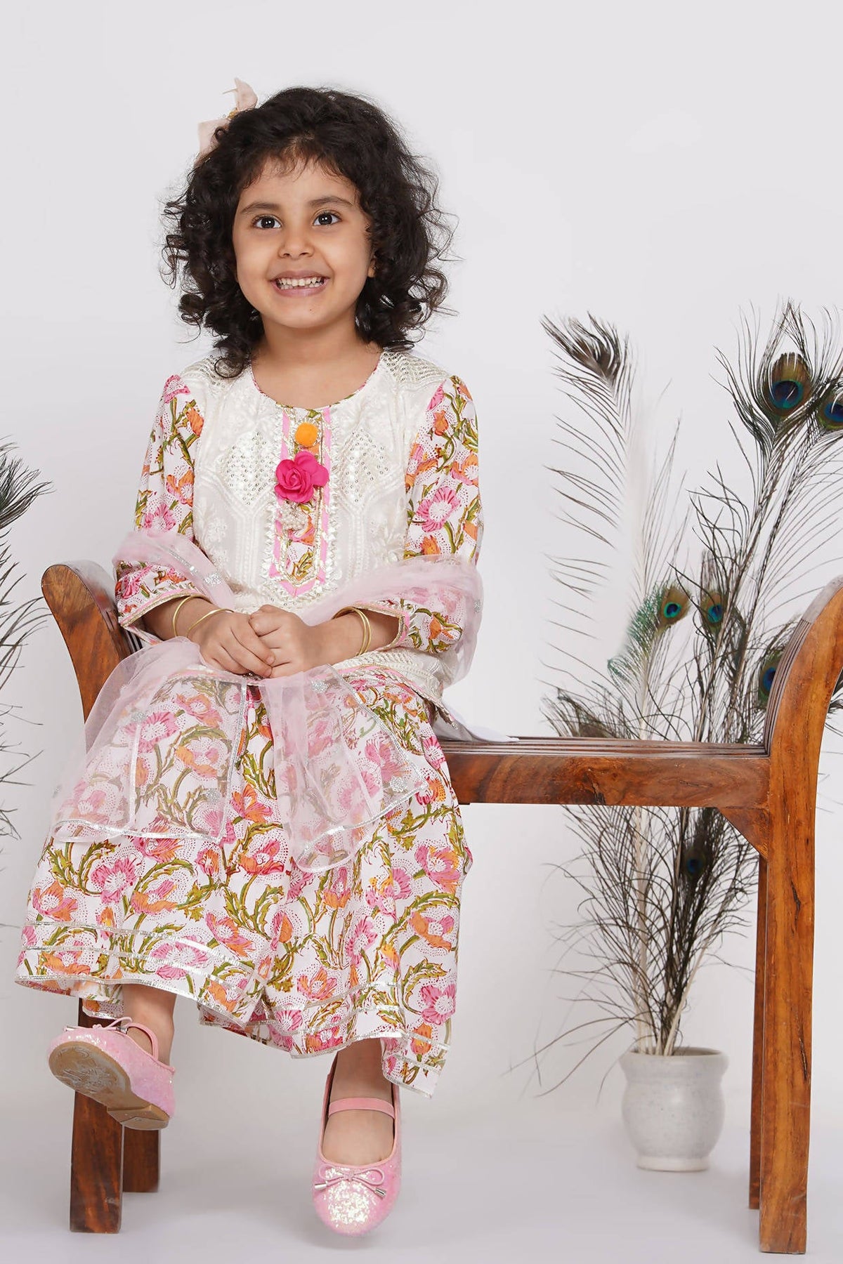 Little Bansi Girls Cotton Floral work Kurta with Floral Sharara & Dupatta - White | Grocsy