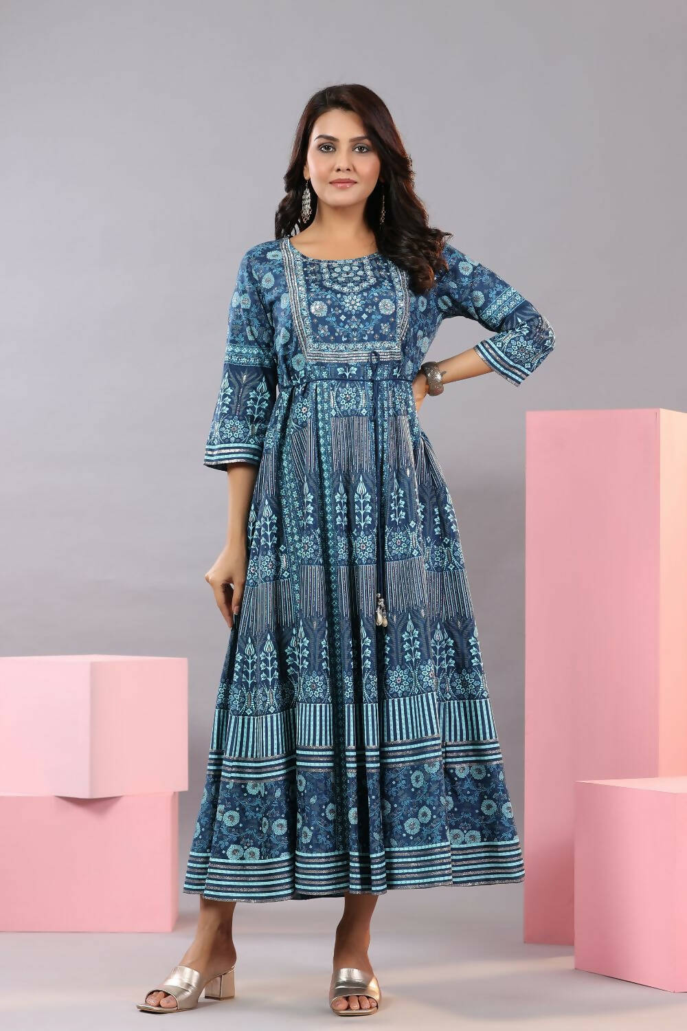 Juniper Women Blue Shantoon Floral Printed Maxi Dress | Grocsy