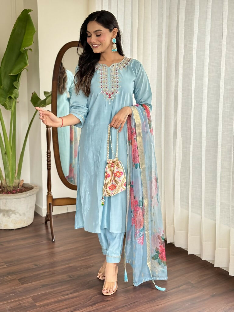 Lavender Viscose chanderi Stitched Suit With Dupatta - Tanisha | Grocsy