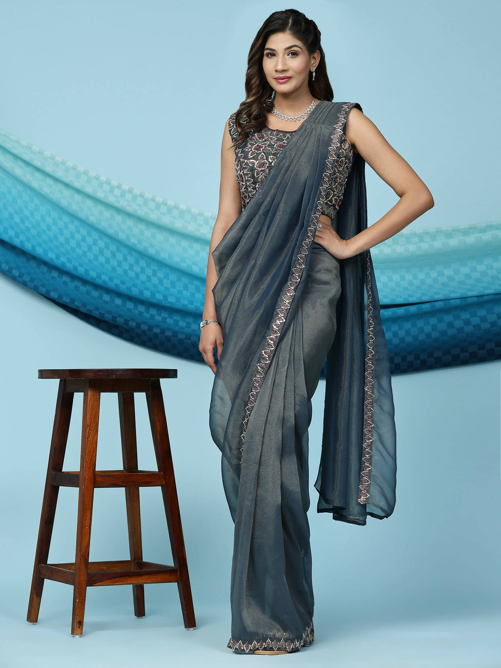 Teal Lycra Shimmer Pattern Ready to Wear Saree with stitched Blouse - Nirvana | Grocsy