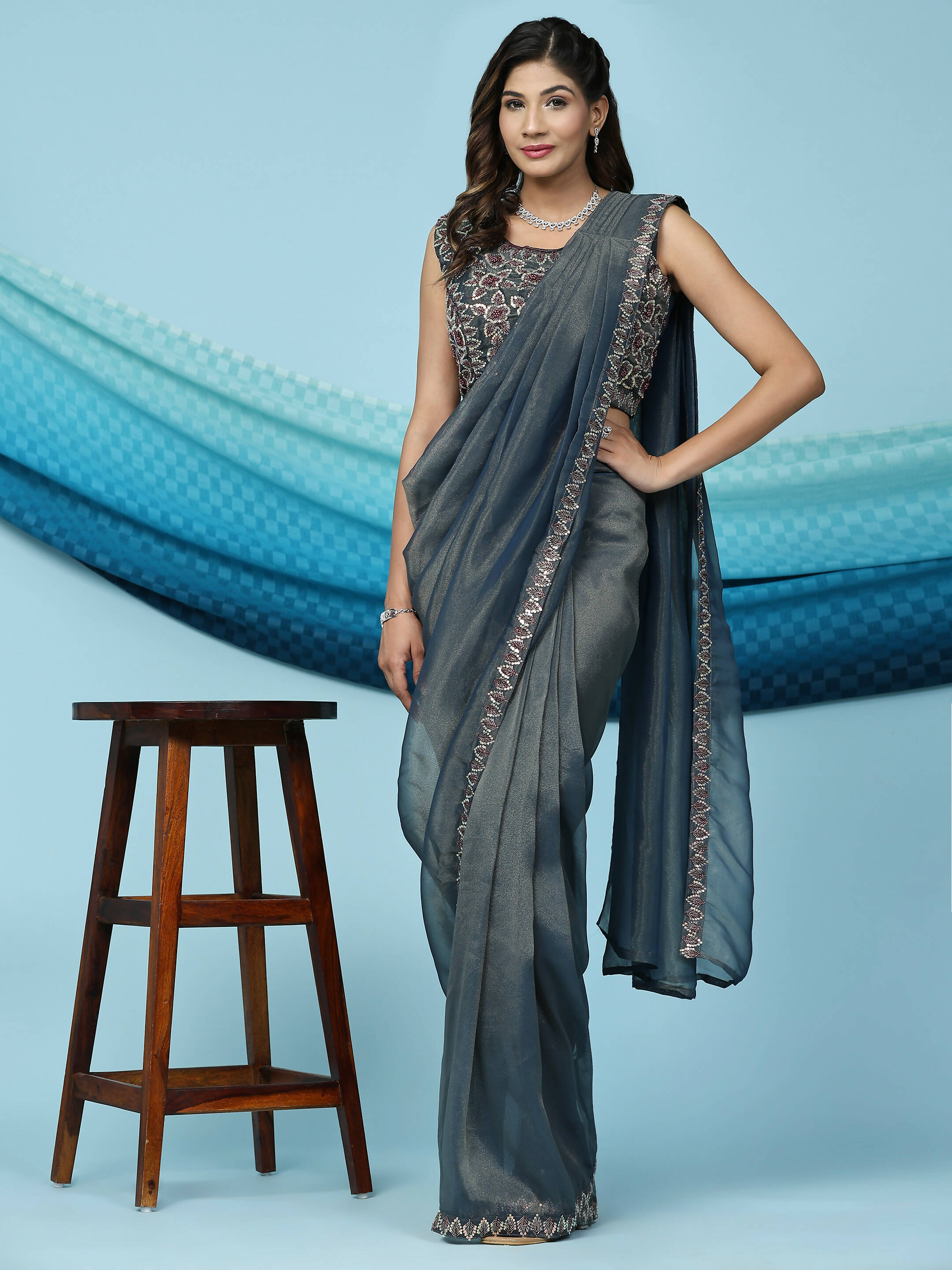 Teal Lycra Shimmer Pattern Ready to Wear Saree with stitched Blouse - Nirvana | Grocsy