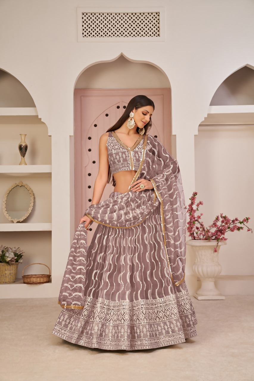 Eilara Mesmerizing Onion Pink Butterfly Net White Cotton Thread Zari Sandwich Sequence Work Lehenga Choli For Wedding | Grocsy