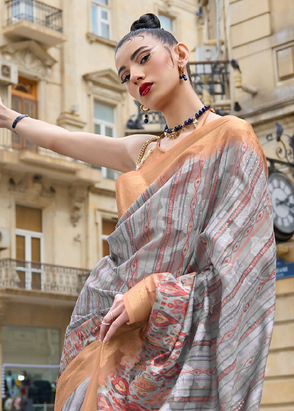 Lovely Grey Polly Brasso Designer Saree - Emponline | Grocsy