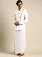 Ramraj Cotton Mens Wedding White Regular Dhoti, Shirt & Towel Set Subhakalyan 1" | Grocsy
