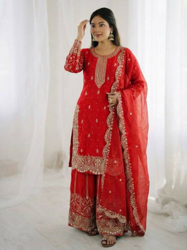 Teeya Creation Red Color Fendy Silk Embroidery Work Wedding Wear Salwar Suit | Grocsy