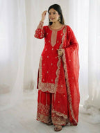 Teeya Creation Red Color Fendy Silk Embroidery Work Wedding Wear Salwar Suit | Grocsy