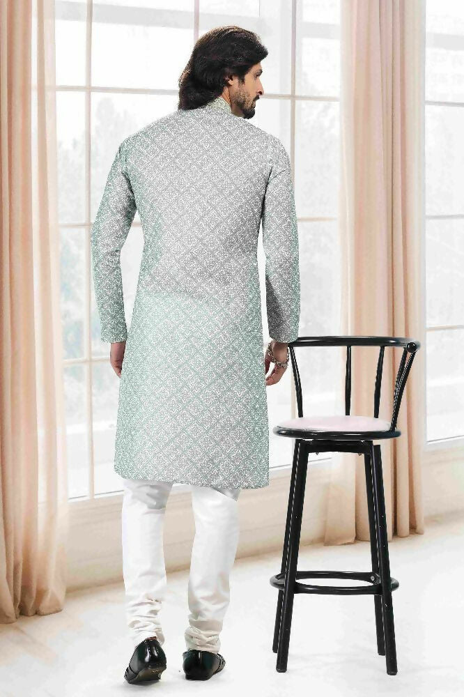 Raivat Ethnic Cotton Thread Work Kurta Pajama In Light Green Colour | Grocsy