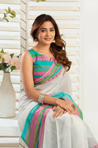 Vastranavya Multicolor Digital Printed Linen Ready To Wear Designer Saree with Unstitched Blouse | Grocsy