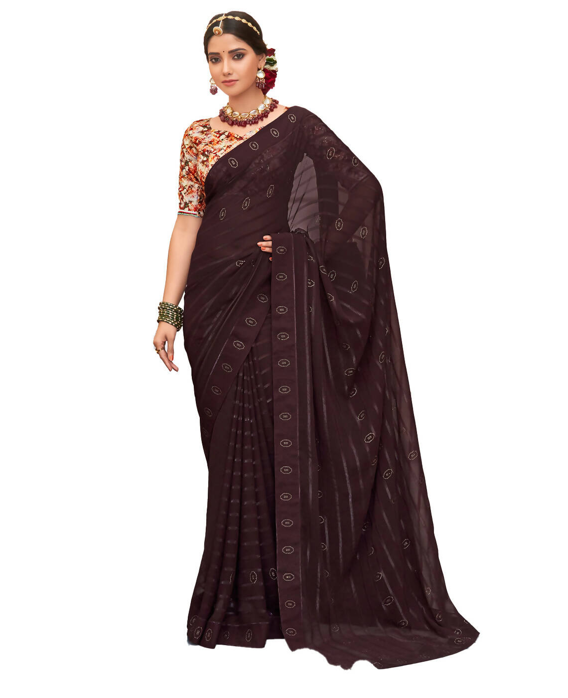 Brown Georgette Swaroski Work Saree With Unstitched Blouse Piece - Juhi | Grocsy