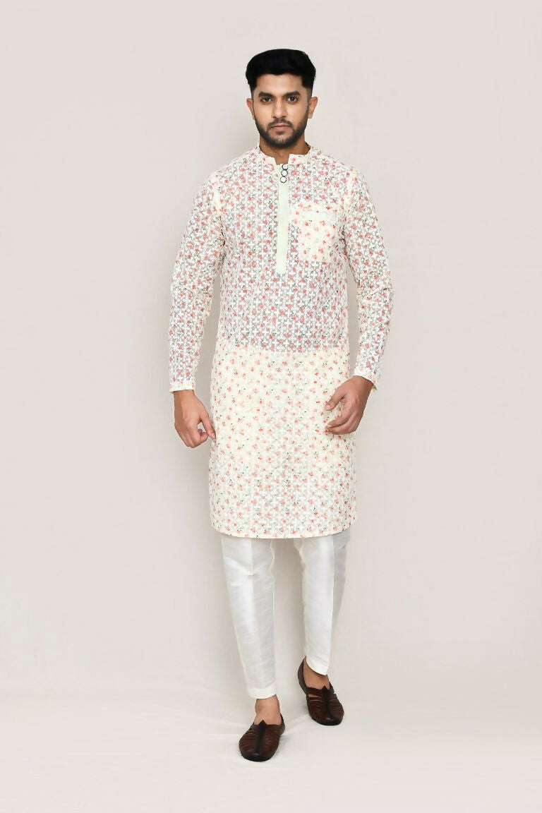 Joban Fashion Green Colored Georgette Based With Full Thread Work Fabric Kurta With Straight Fit Pant | Grocsy
