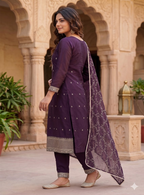 Teeya Creation Deep Wine Embroidered Straight Kurta With Pant And Dupatta | Grocsy