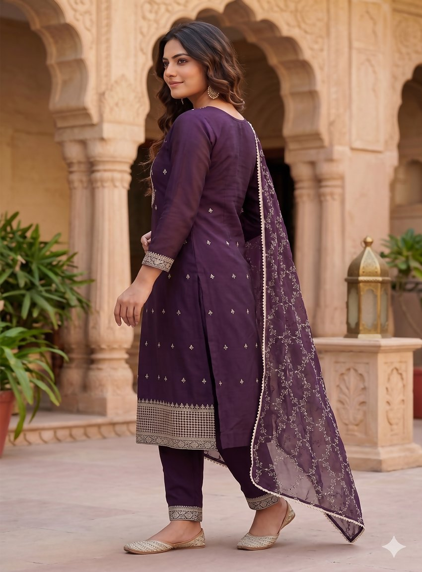 Teeya Creation Deep Wine Embroidered Straight Kurta With Pant And Dupatta | Grocsy