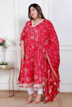 Miravan Plus Size Women'S Red Embroidered Anarkali Kurta And Dupatta  | Grocsy