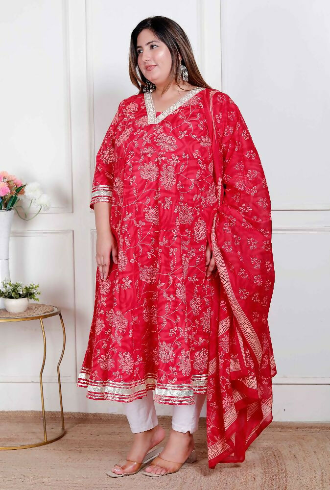 Miravan Plus Size Women'S Red Embroidered Anarkali Kurta And Dupatta  | Grocsy